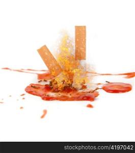 smoking kills concept. cigarettes with blood isolated on white.