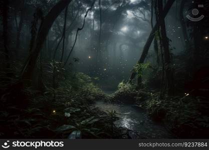 smoky jungle at night, with the fireflies and stars shining through, created with generative ai. smoky jungle at night, with the fireflies and stars shining through