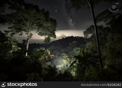 smoky jungle, with view of the starry night sky visible through the trees, created with generative ai. smoky jungle, with view of the starry night sky visible through the trees