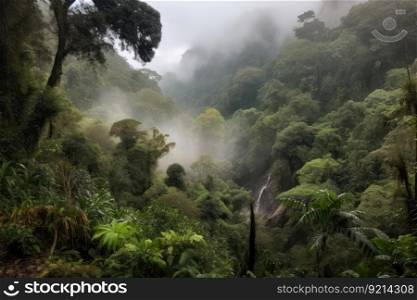 smoky jungle, with view of tumbling waterfall, and misty clouds in the sky, created with generative ai. smoky jungle, with view of tumbling waterfall, and misty clouds in the sky