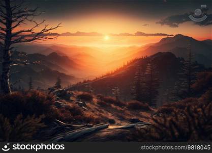 Smoky mountain sunset. Illustration AI Generative