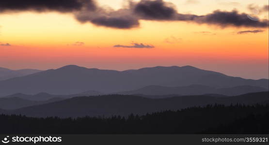 Smoky Mountains ridge at cloudy sunset. Great Smoky Mountains National Park, USA