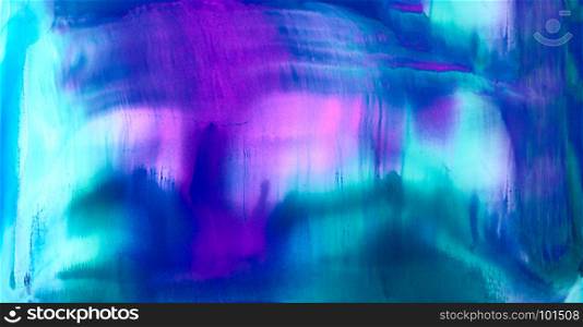 Smooth smudged cyan blue purple.Colorful background hand drawn with bright inks and watercolor paints. Color splashes and splatters create uneven artistic modern design.