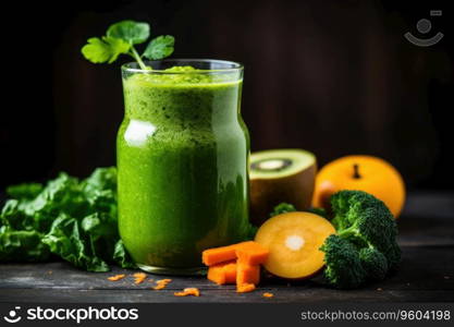 Smoothie close-up composition of fruits, vegetables and glass of detox drink