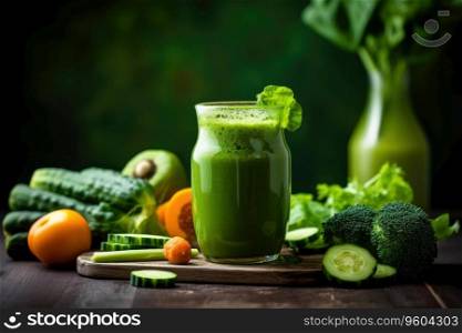 Smoothie close-up composition of fruits, vegetables and glass of detox drink