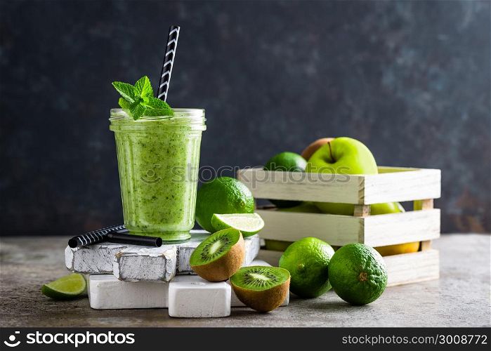 Smoothie with fresh green apple, kiwi and lime. Summer vitamin refreshing beverage. Healthy detox diet