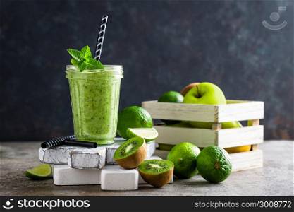 Smoothie with fresh green apple, kiwi and lime. Summer vitamin refreshing beverage. Healthy detox diet