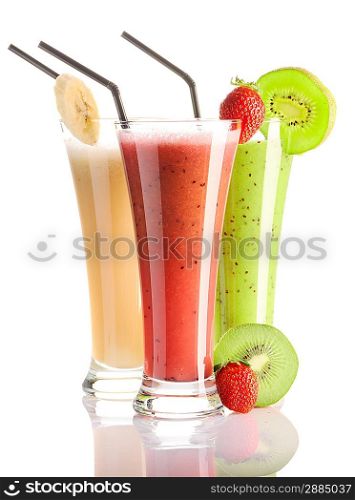 Smoothies isolated on white - strawberry, kiwi & banana
