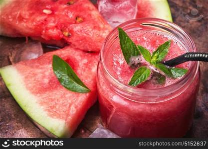 Smoothies with watermelon. summer watermelon fresh smoothie in glass jars