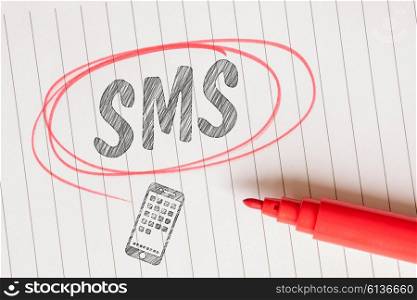 SMS note in a red marked circle on linear paper