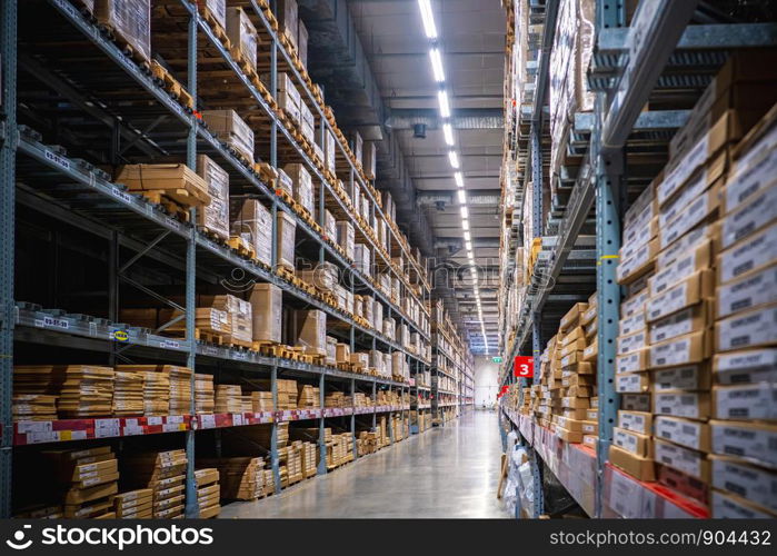 Smut Prakan ,Thailand - August 01,2019 : Warehouse aisle in an IKEA store. IKEA is the world's largest furniture retailer.