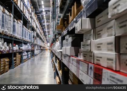 Smut Prakan ,Thailand - August 01,2019 : Warehouse aisle in an IKEA store. IKEA is the world's largest furniture retailer.