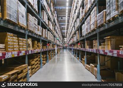 Smut Prakan ,Thailand - May 17,2018 : Warehouse aisle in an IKEA store. IKEA is the world&rsquo;s largest furniture retailer.