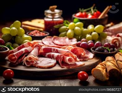 Snack board with various ham,cheese,grapes,olives and breadsticks on wooden table.AI Generative