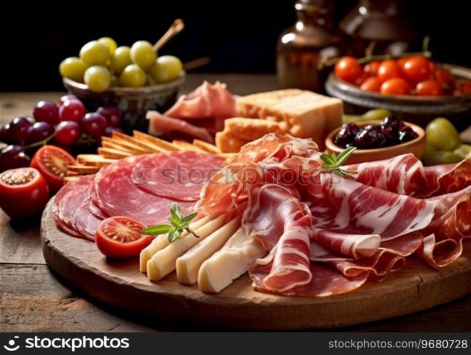 Snack board with various ham,cheese,grapes,olives and breadsticks on wooden table.AI Generative