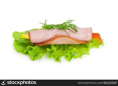 Snack made of ham and lettuce on white
