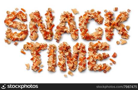 Snack time concept with a group of salty party snacks shaped as letters as a symbol of fatty food treats for watching TV or sports events as a delicious addictive choice but unhealthy option.