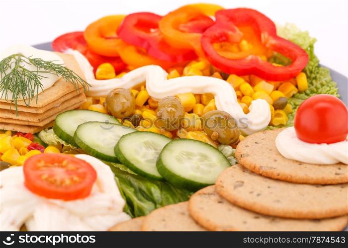 Snacks with vegetables, crackers and cheese cream on plate.