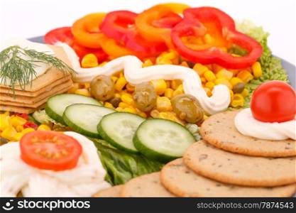 Snacks with vegetables, crackers and cheese cream on plate.