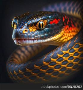 Snake closeup with beautiful eyes. Generative AI. High quality illustration. Snake closeup with beautiful eyes. Generative AI