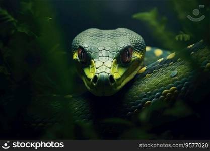 Snake curled up on a branch among the leaves