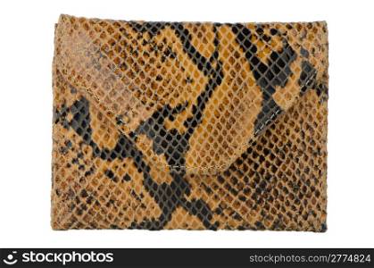 Snake skin leather wallet on white background.