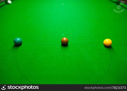 Snooker balls on a table. Ready to start playing. Matching the color and placement of colors.