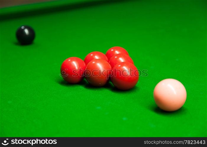 Snooker balls on a table. Ready to start playing. Matching the color and placement of colors.