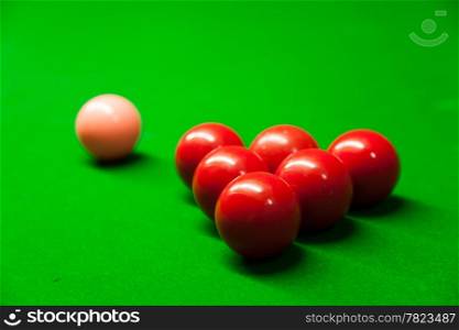 Snooker balls on a table. Ready to start playing. Matching the color and placement of colors.