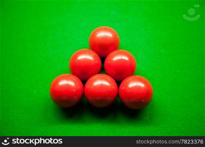 Snooker balls,six balls on the table. Snooker balls in the middle of the picture.