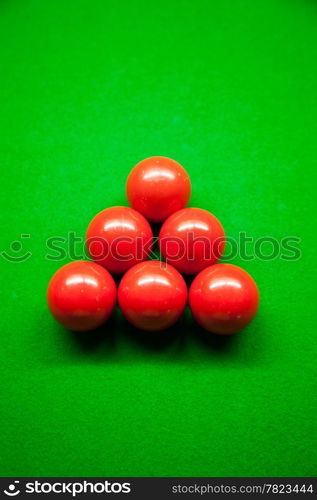 Snooker balls,six balls on the table. Snooker balls in the middle of the picture.