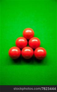 Snooker balls,six balls on the table. Snooker balls in the middle of the picture.