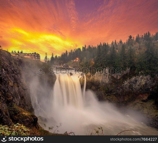 Snoqualmie Falls at sunset in Washington State, USA