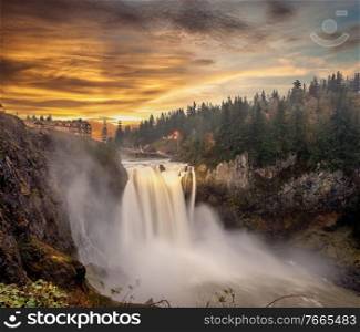 Snoqualmie Falls at sunset in Washington State, USA