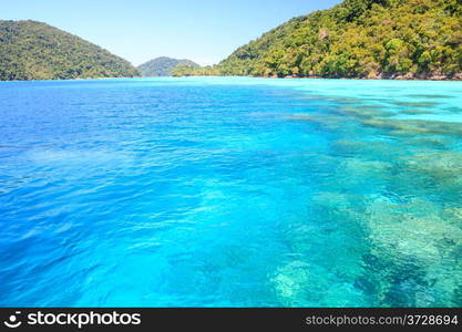 Snorkeling point with beautiful coralscape at Surin national park Phuket Thailand