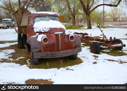 Snow aged grunge truck in the early spring time in Nevada USA