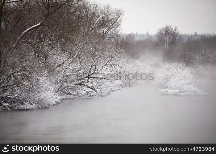 Snow and frost on the trees and bushes over misty river. Overcast snowy weather.