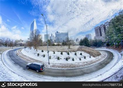 snow and ice covered city and streets of charlotte nc usa