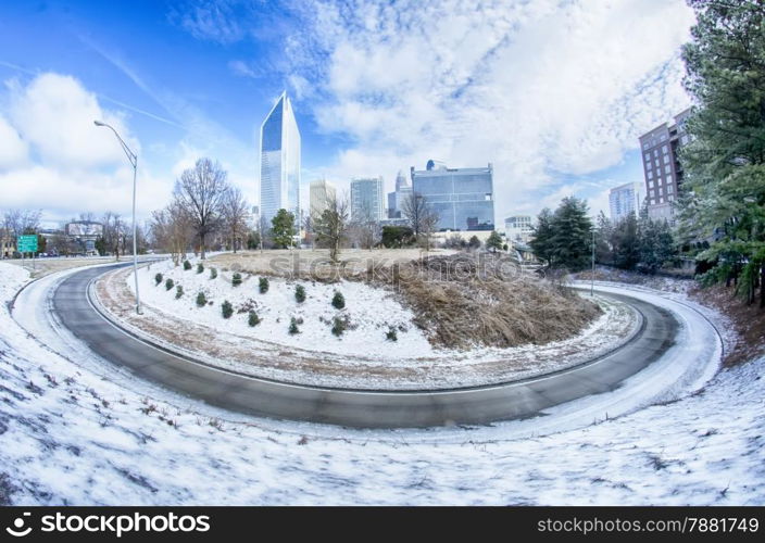 snow and ice covered city and streets of charlotte nc usa