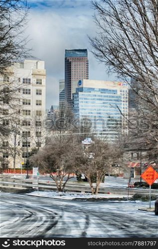 snow and ice covered city and streets of charlotte nc usa