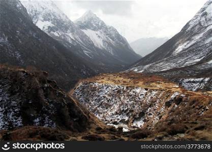 Snow and mountain near Samdo village in Nepal