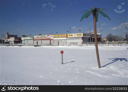Snow Covered Amusement Park With A Plastic Palm Tree