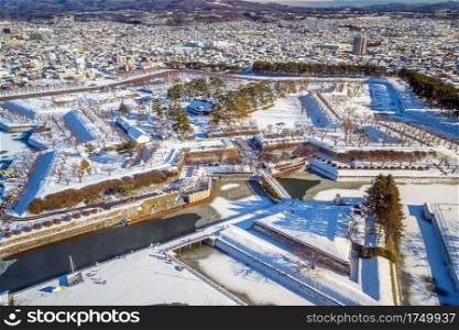 Snow Covered Goryokaku in downtown Hakodate city Hokkaido