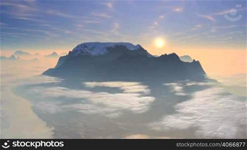 Snow-covered mountain peak stands above the clouds. From thick pink mist slowly rises bright white sun. The blue sky shimmer with cirrus clouds. Below swim thick clouds beneath them visible landscape. Away from the fog appear the mountain peaks.