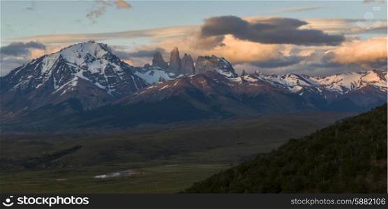 Snow covered mountain range, Torres Del Paine National Park, Patagonia, Chile