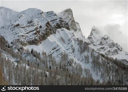 Snow-covered mountains in the area known as the Dolomites, in Northern Italy