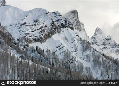 Snow-covered mountains in the area known as the Dolomites, in Northern Italy