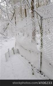 Snow covered pheasant pen wire