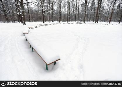 snow covered public area with benches in city park in winter