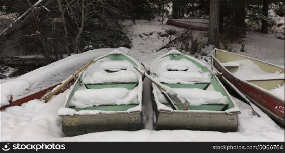 Snow covered row boats in a forest, Pyramid Lake, Highway 16, Jasper, Jasper National Park, Alberta, Canada